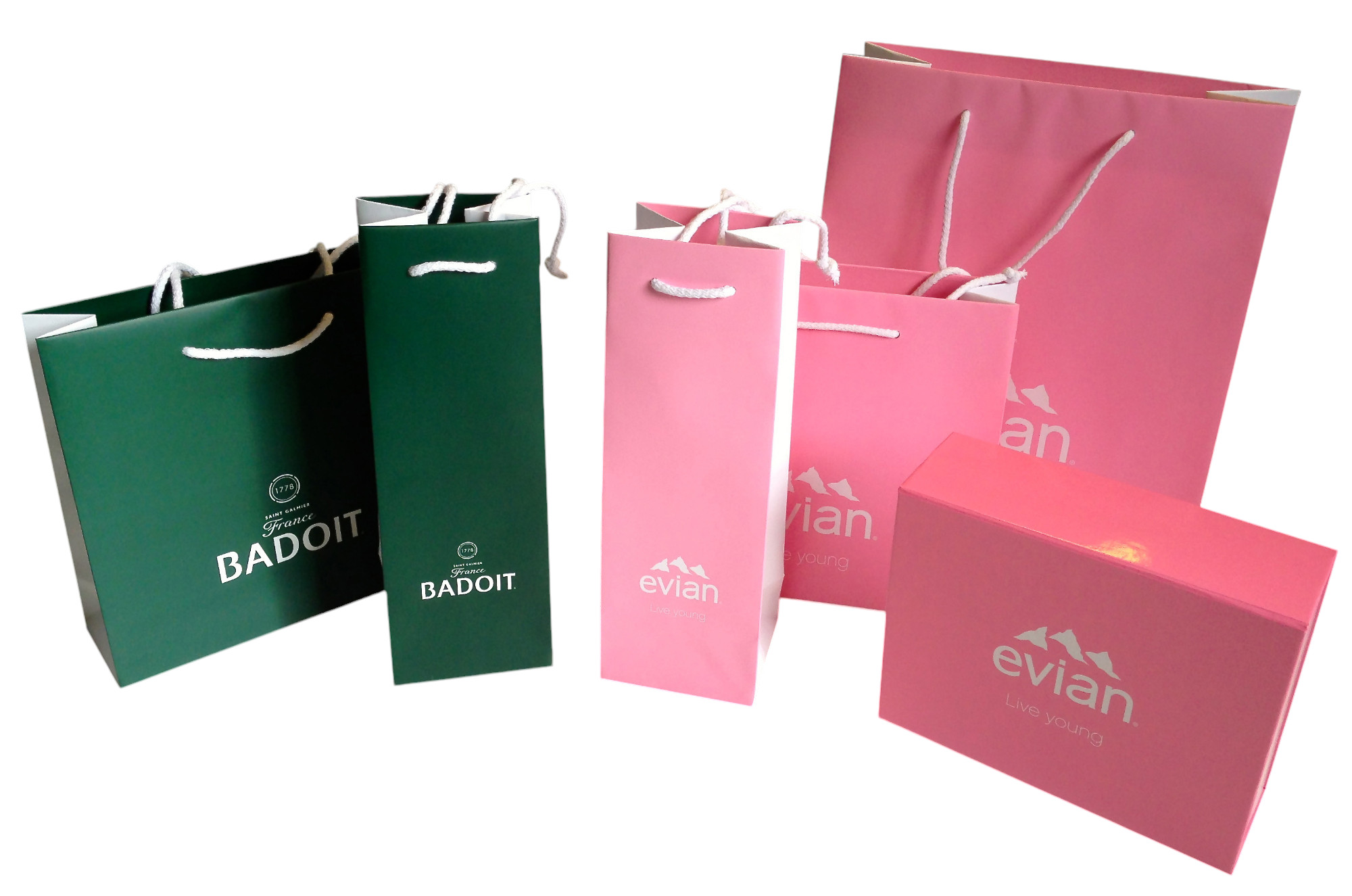 SAC PAPIER SUR MESURE IMPRIME différents emballages sacs et boîtes papier - rose et vert - logo EVIAN