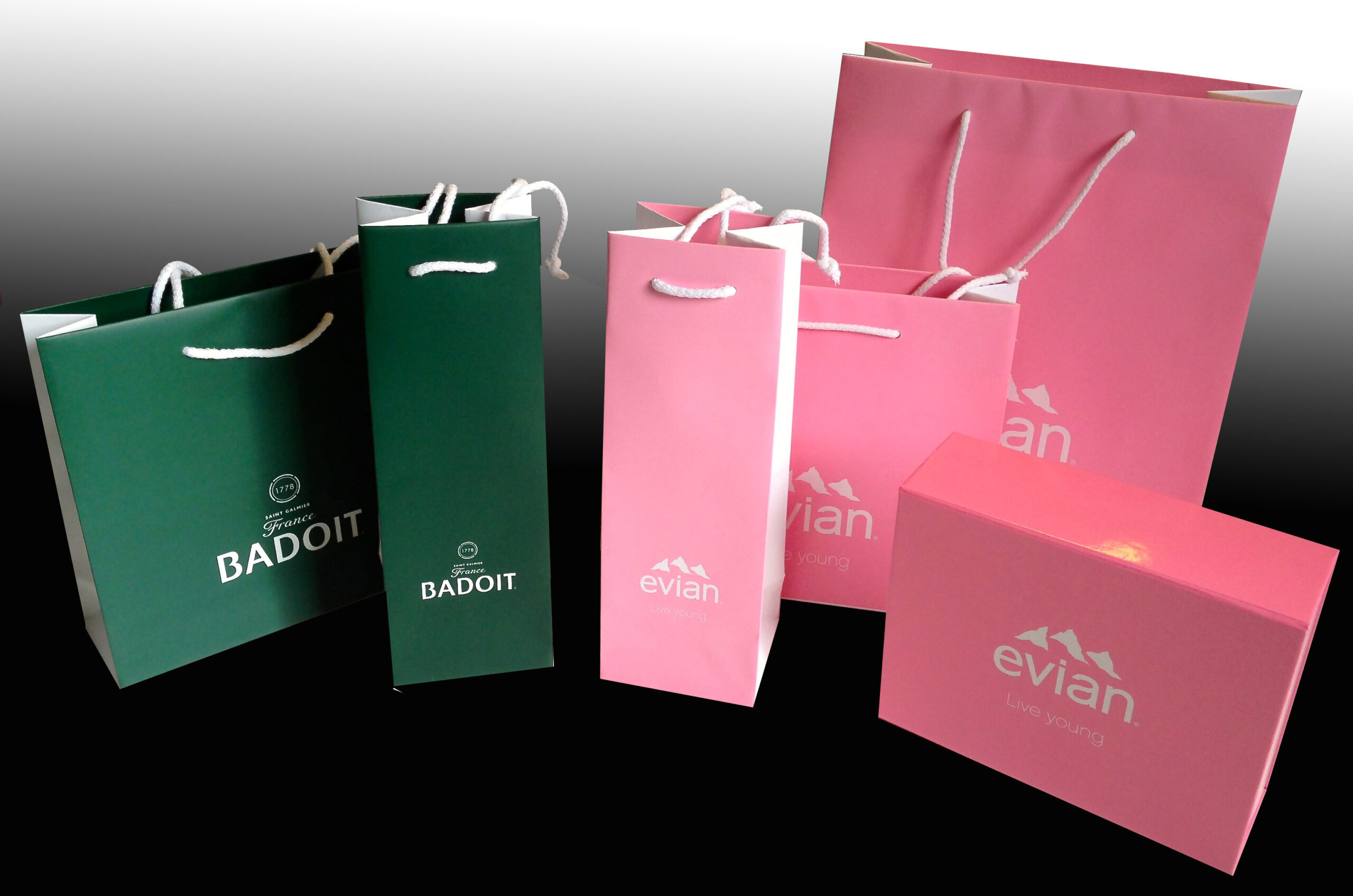 SAC PAPIER SUR MESURE différents emballages sacs et boîtes papier - rose et vert - logo EVIAN