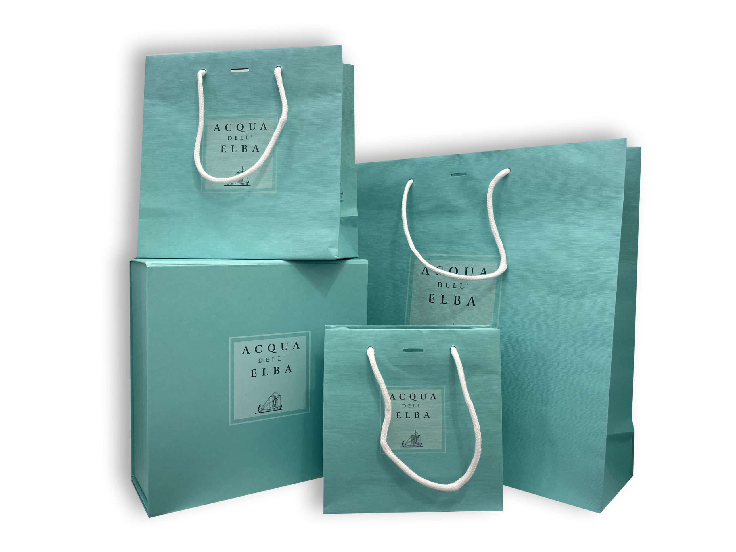 sac papier luxe FSC imprimé sac papier vert et cordon coton blanc