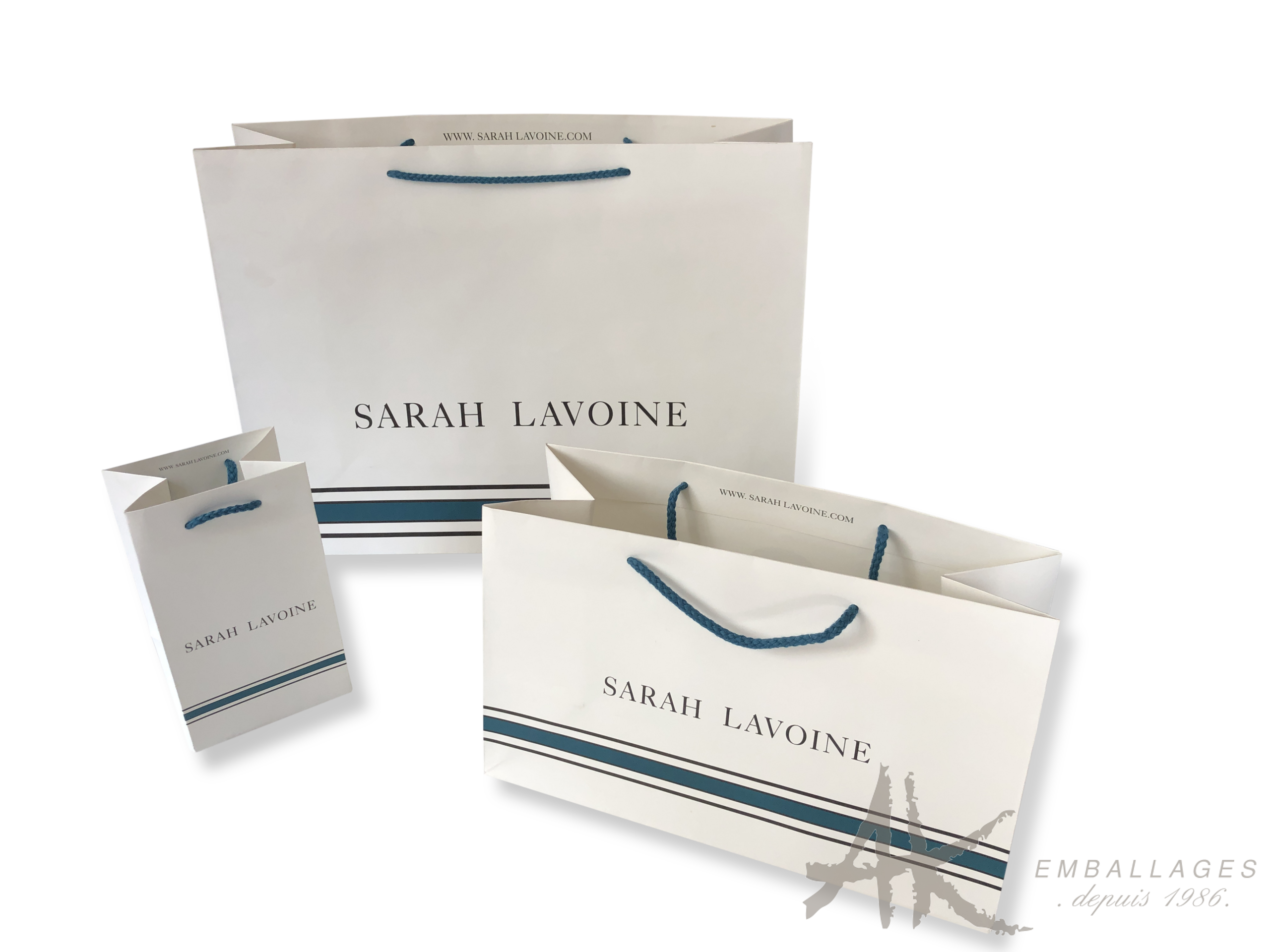 sac papier recyclé blanc cordon coton 3 sacs en papier avec cordon coton bleu - logo SARAH LAVOINE