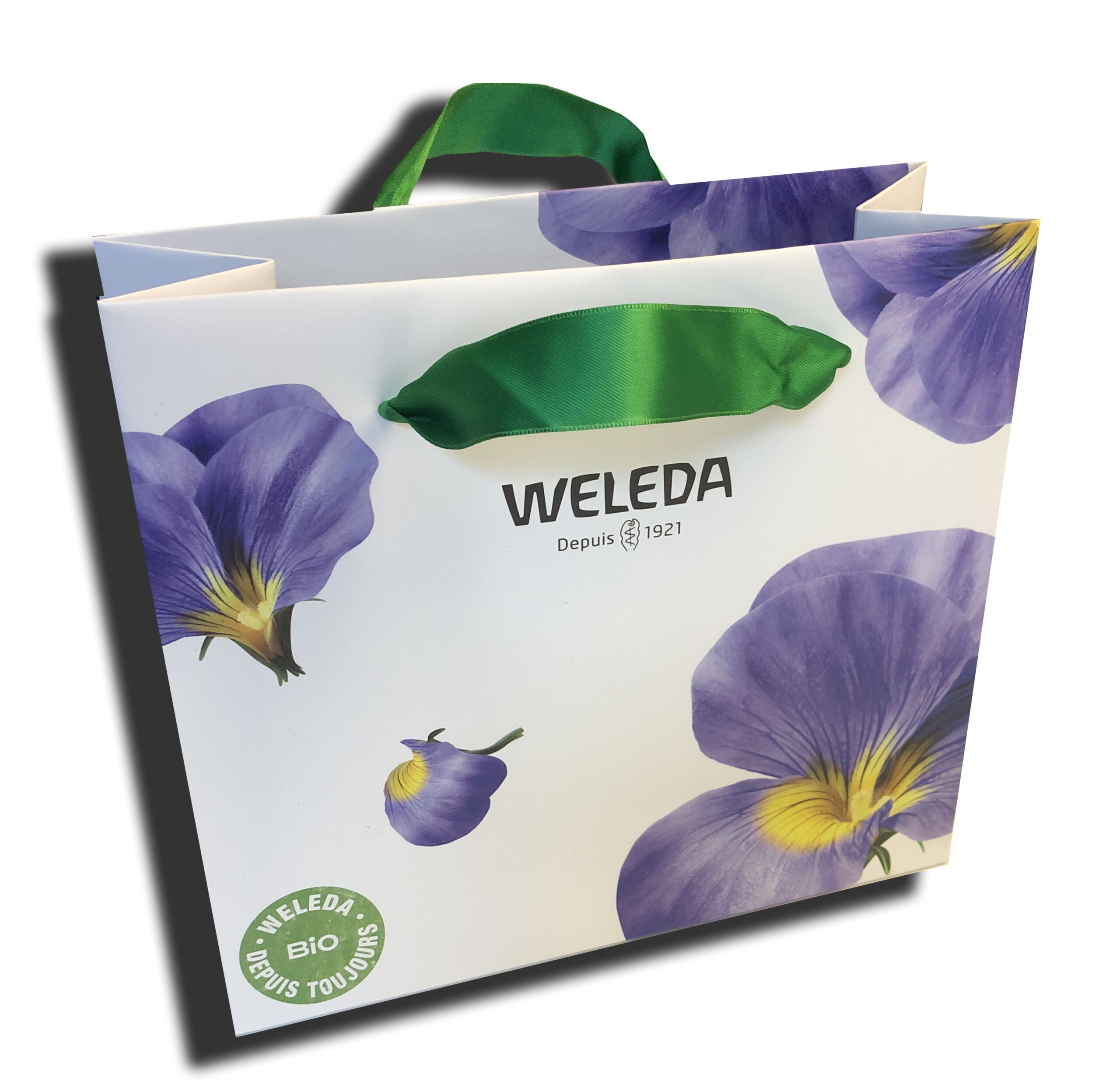 sac papier luxe ruban satin personnalisé sac papier imprimé orchidée - ruban satin vert - logo WELEDA